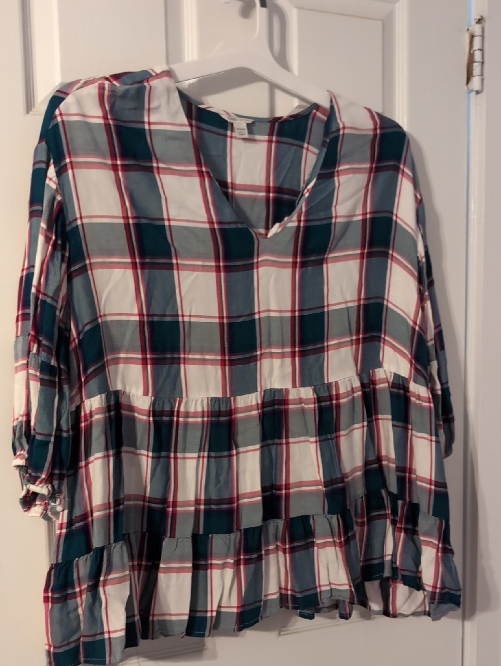 Cato Plaid V-Neck Ruffled Tunic - Teal, White, Red